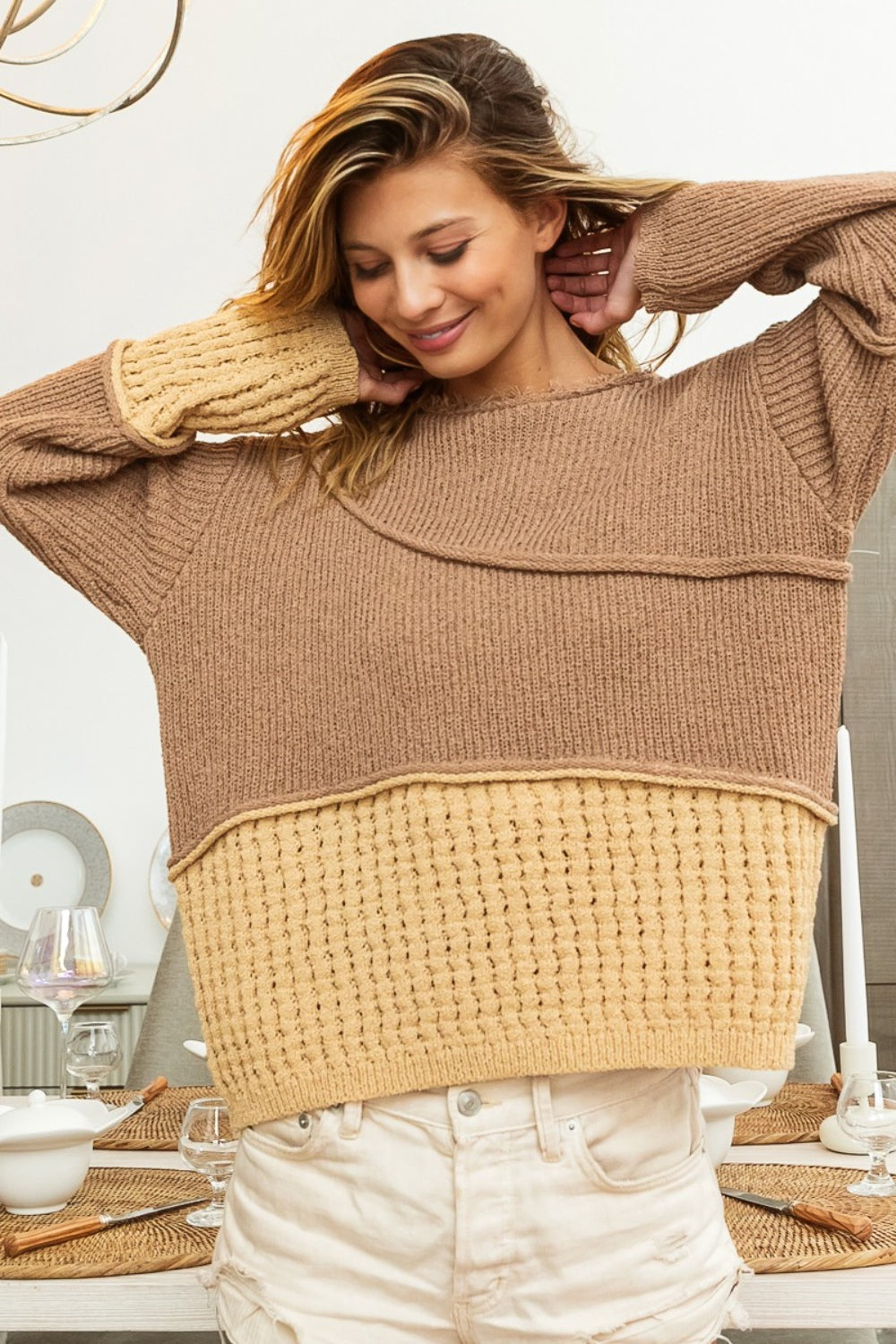 BiBi Texture Detail Contrast Drop Shoulder Sweater - The Goddess Galleries