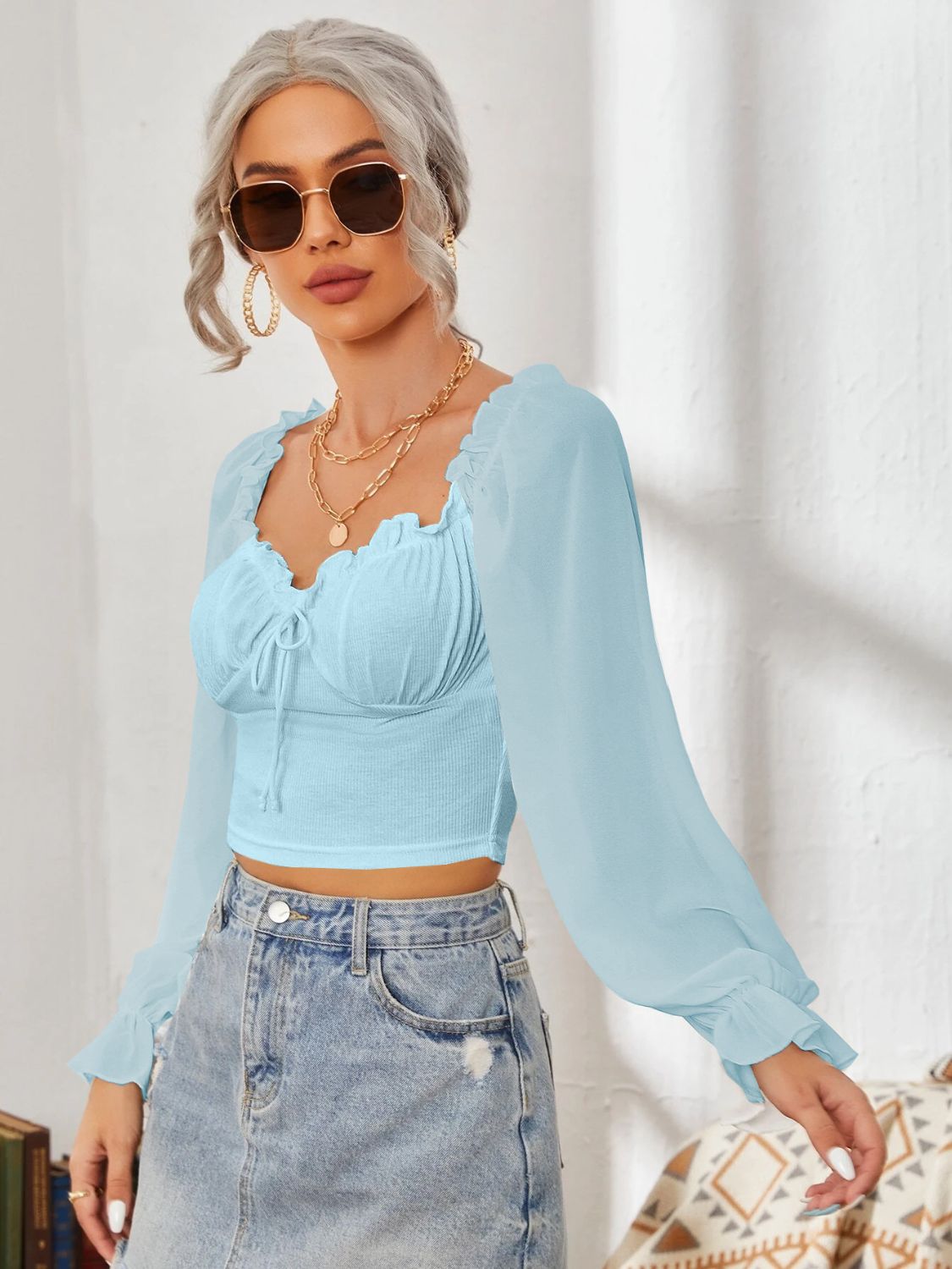 Mesh Sweetheart Neck Flounce Sleeve Top - The Goddess Galleries