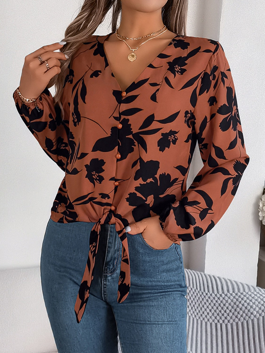 Printed V-Neck Long Sleeve Blouse - The Goddess Galleries