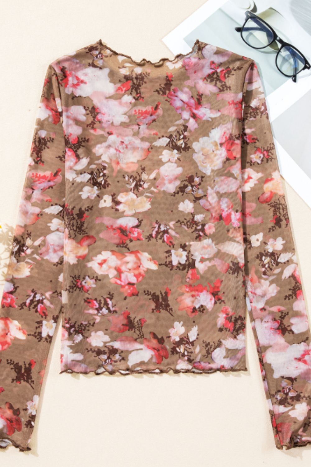 Floral Mock Neck Long Sleeve Sheer Top - The Goddess Galleries