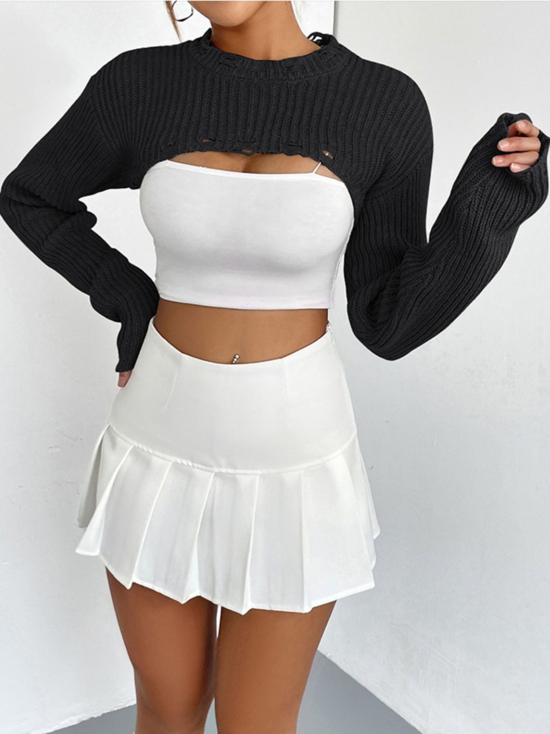 Distressed Long Sleeve Cropped Sweater - The Goddess Galleries