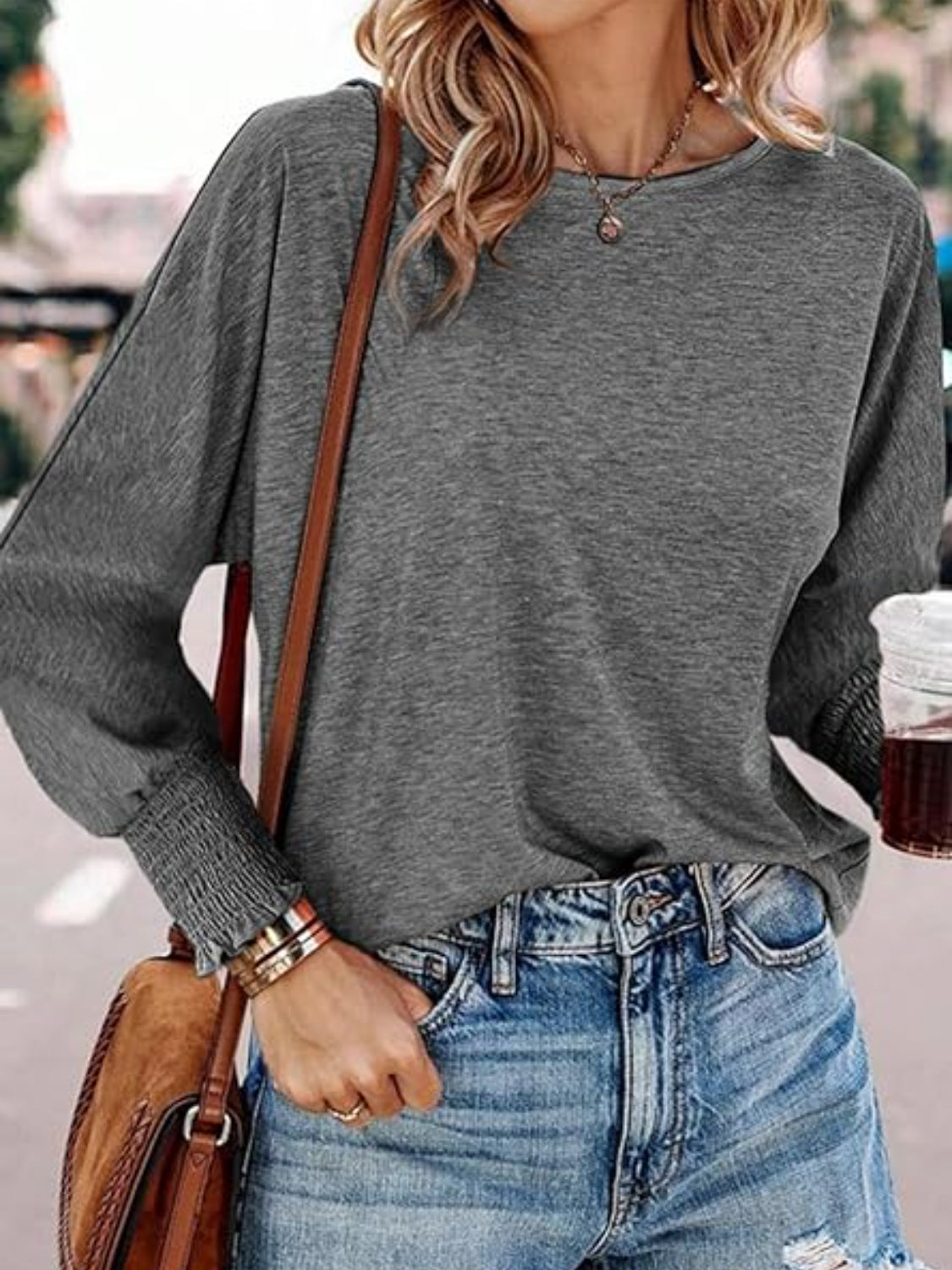 Round Neck Smocked Lantern Sleeve T-Shirt - The Goddess Galleries