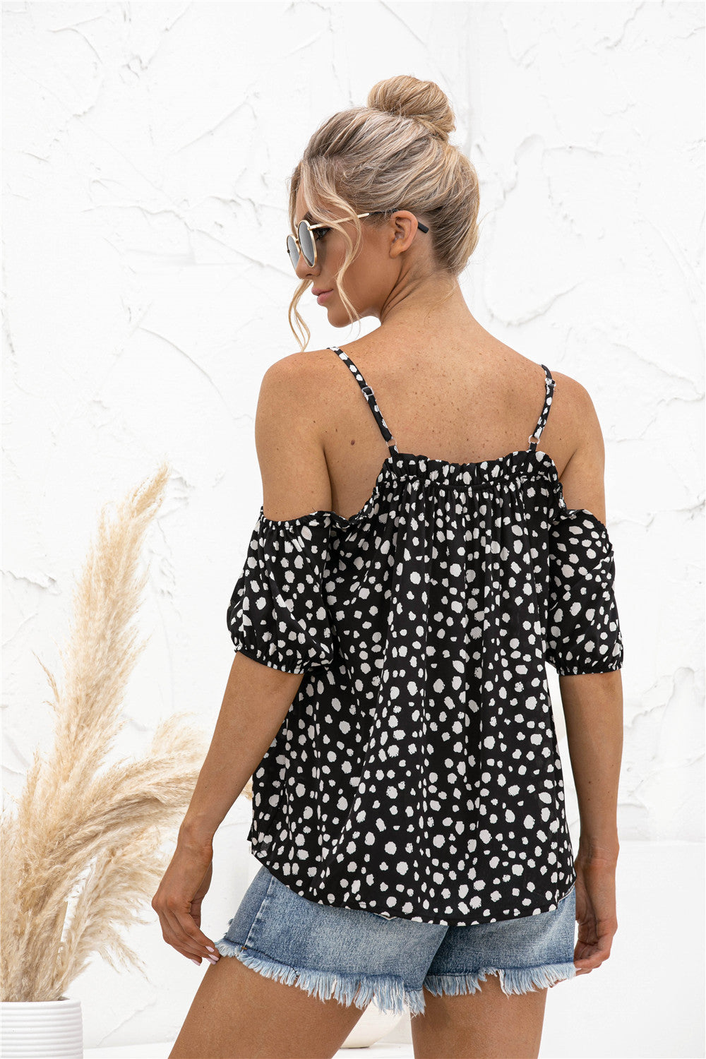 Printed Cold-Shoulder Frill Trim Blouse - The Goddess Galleries
