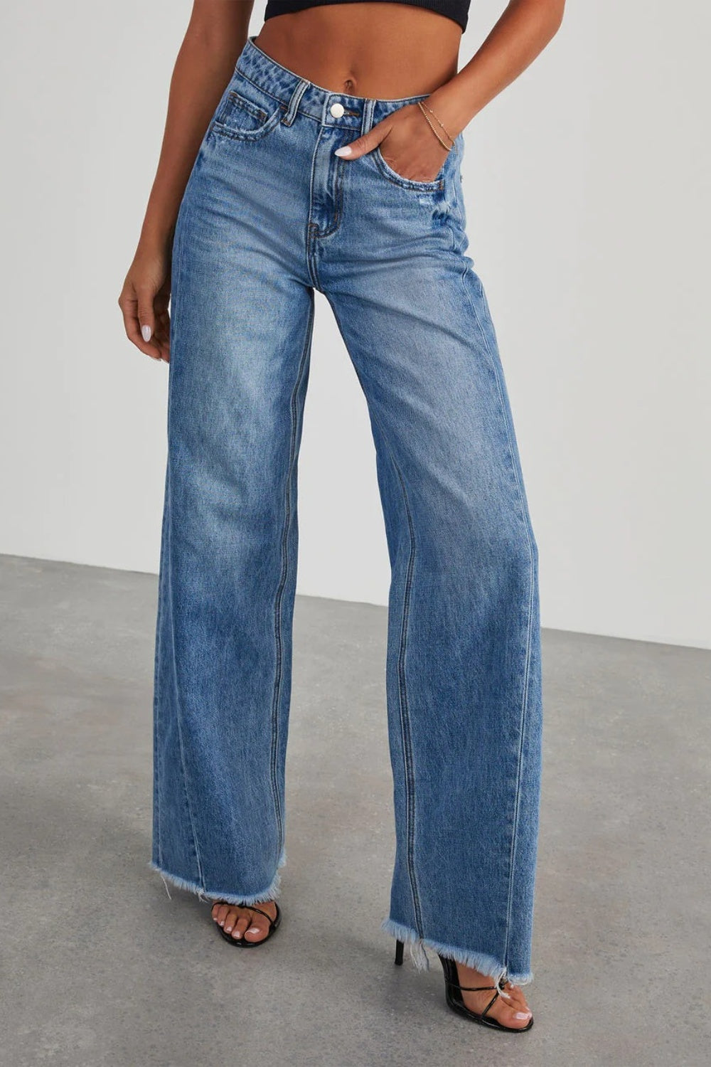 Raw Hem Wide Leg Jeans with Pockets - The Goddess Galleries