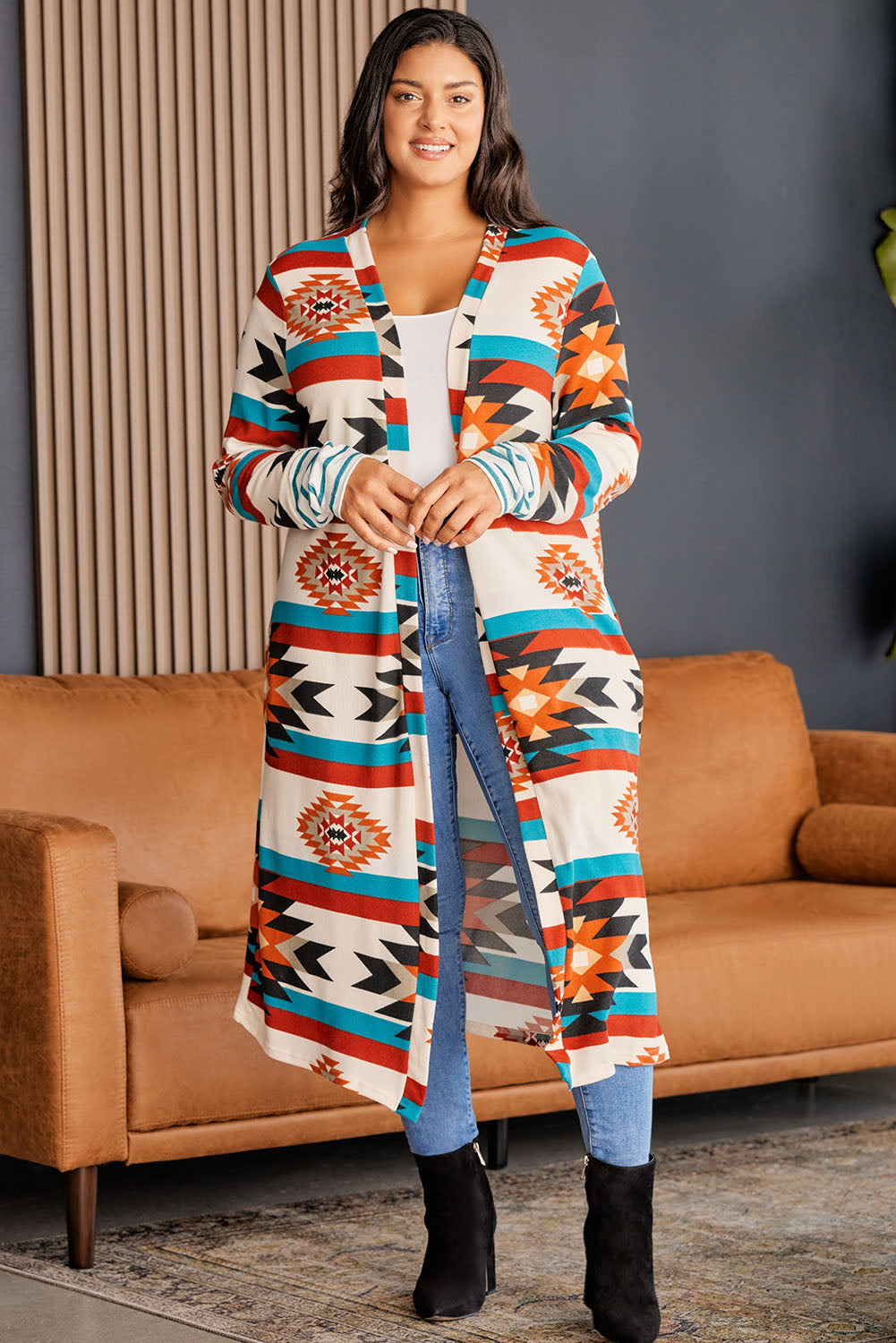 Plus Size Geometric Open Front Longline Cardigan - The Goddess Galleries