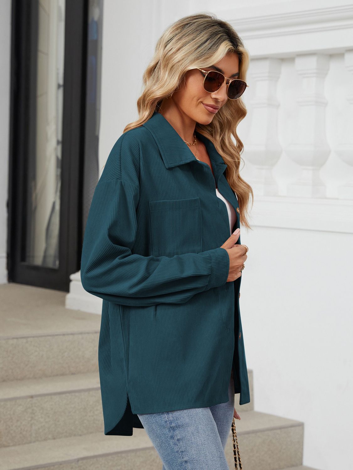 Button Up Long Sleeve Shirt with Breast Pockets - The Goddess Galleries