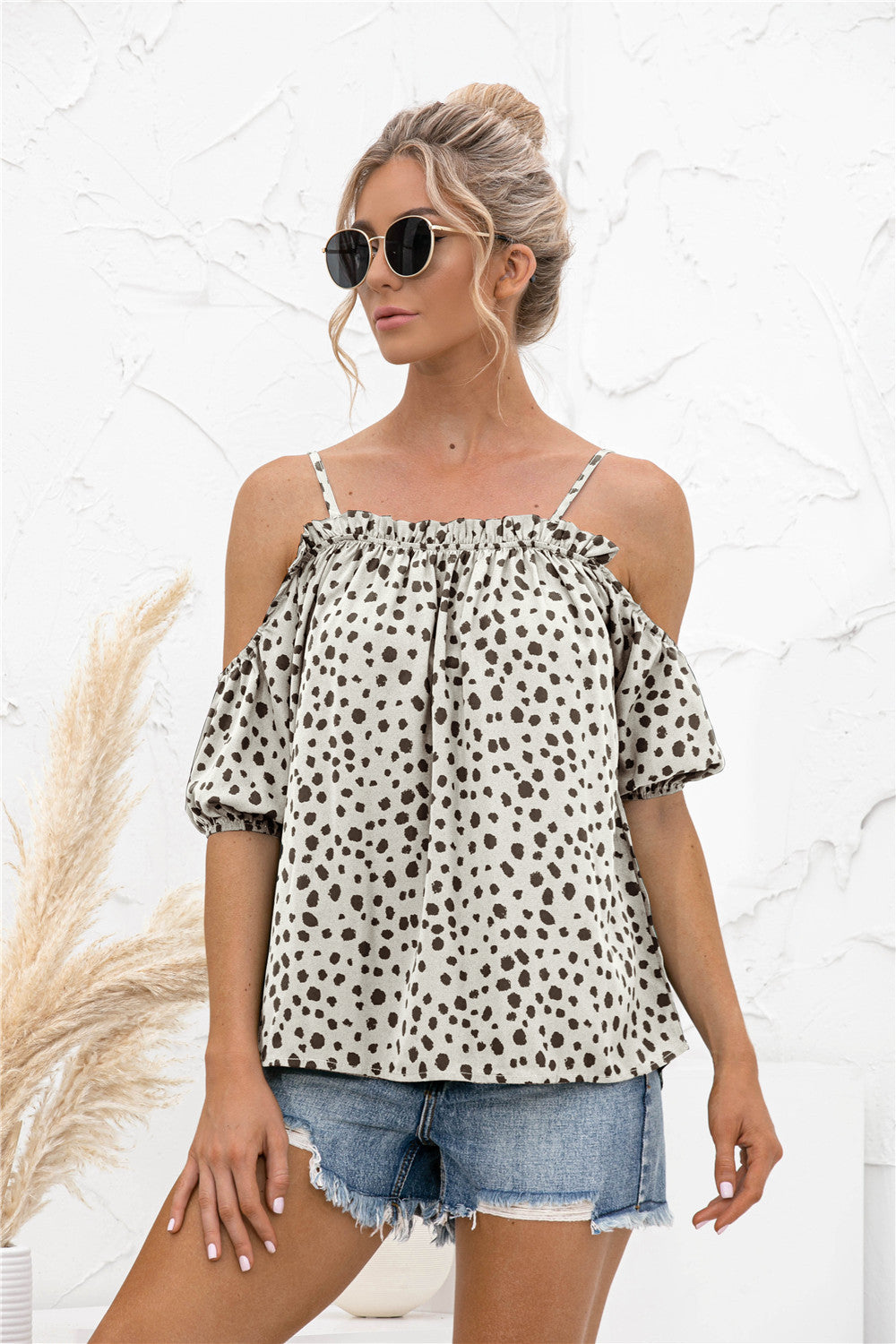 Printed Cold-Shoulder Frill Trim Blouse - The Goddess Galleries