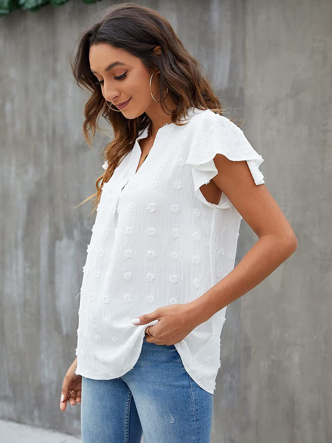 Swiss Dot Notched Flutter Sleeve Blouse - The Goddess Galleries