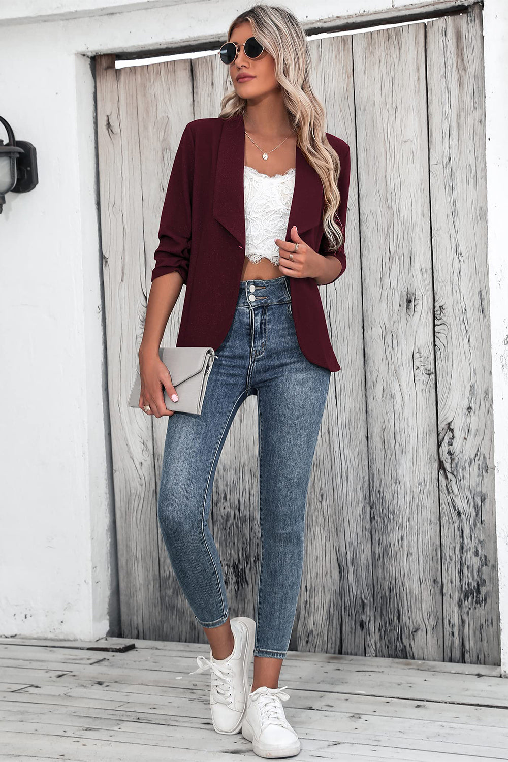 One Button Collared Neck Ruched Sleeve Blazer - The Goddess Galleries