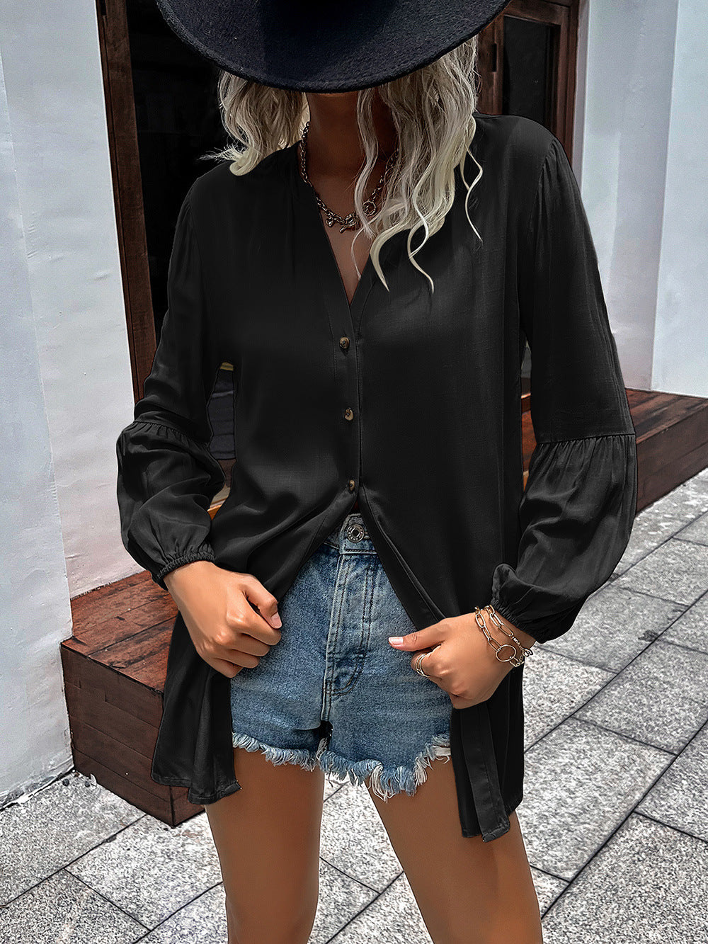 Ivy Lane Notched Neck Balloon Sleeve Shirt - The Goddess Galleries