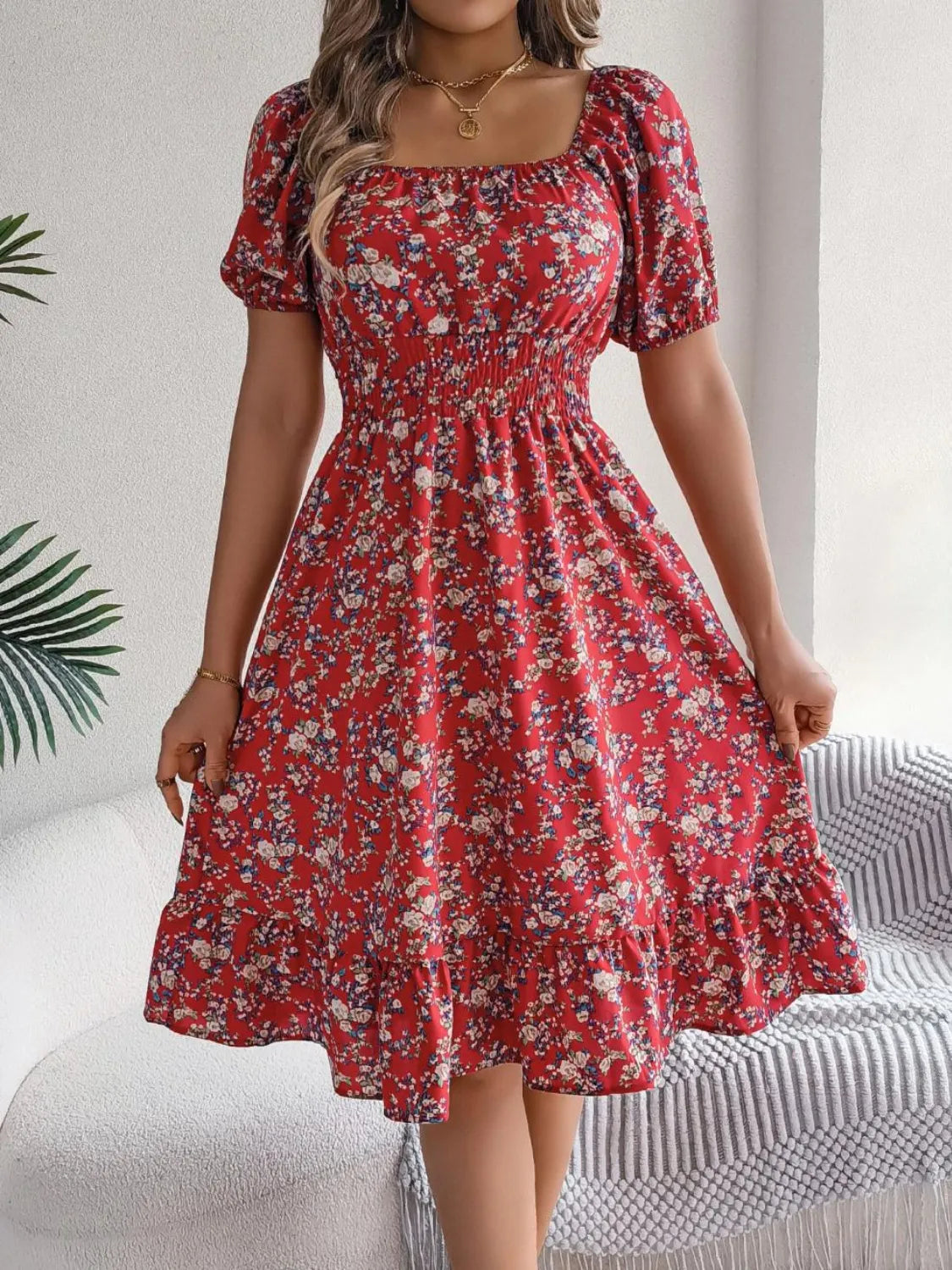 Ruffled Hem Floral Puff Sleeve Dress - The Goddess Galleries