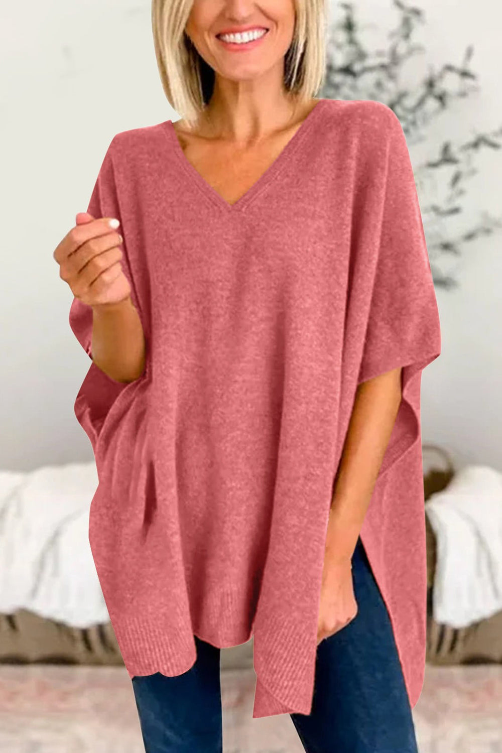 Slit V-Neck Half Sleeve Knit Top - The Goddess Galleries