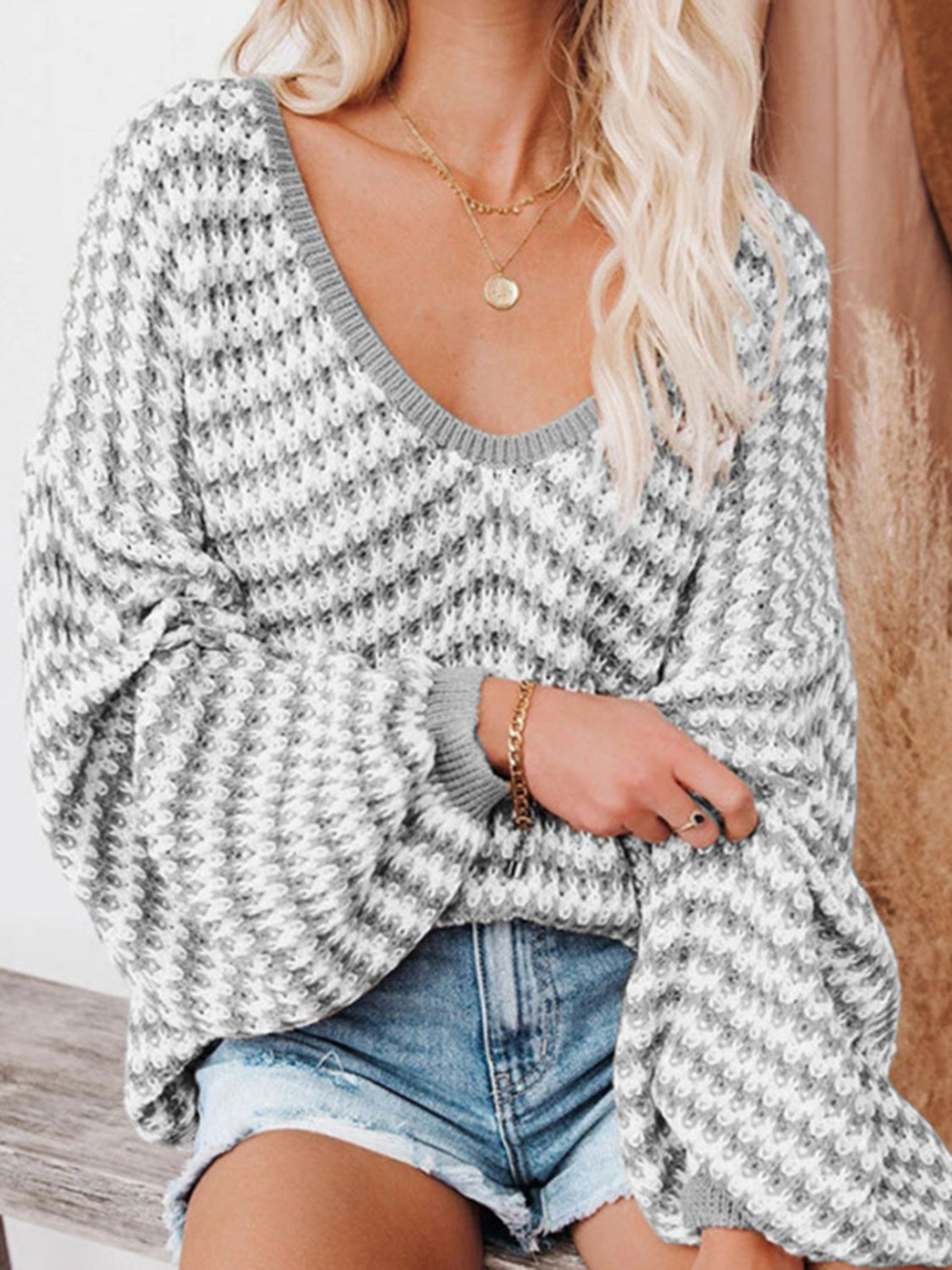 Striped Drop Shoulder V-Neck Sweater - The Goddess Galleries
