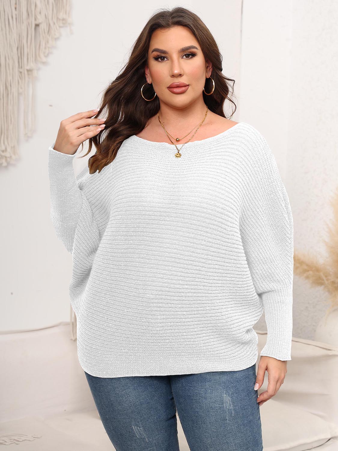 Full Size Boat Neck Batwing Sleeve Sweater - The Goddess Galleries