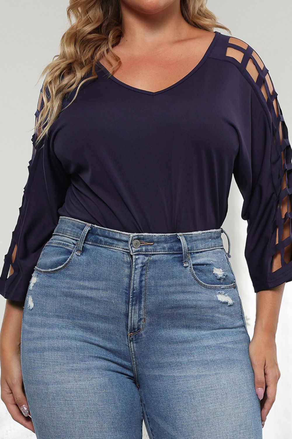 Plus Size Cutout Three-Quarter Sleeve Blouse - The Goddess Galleries