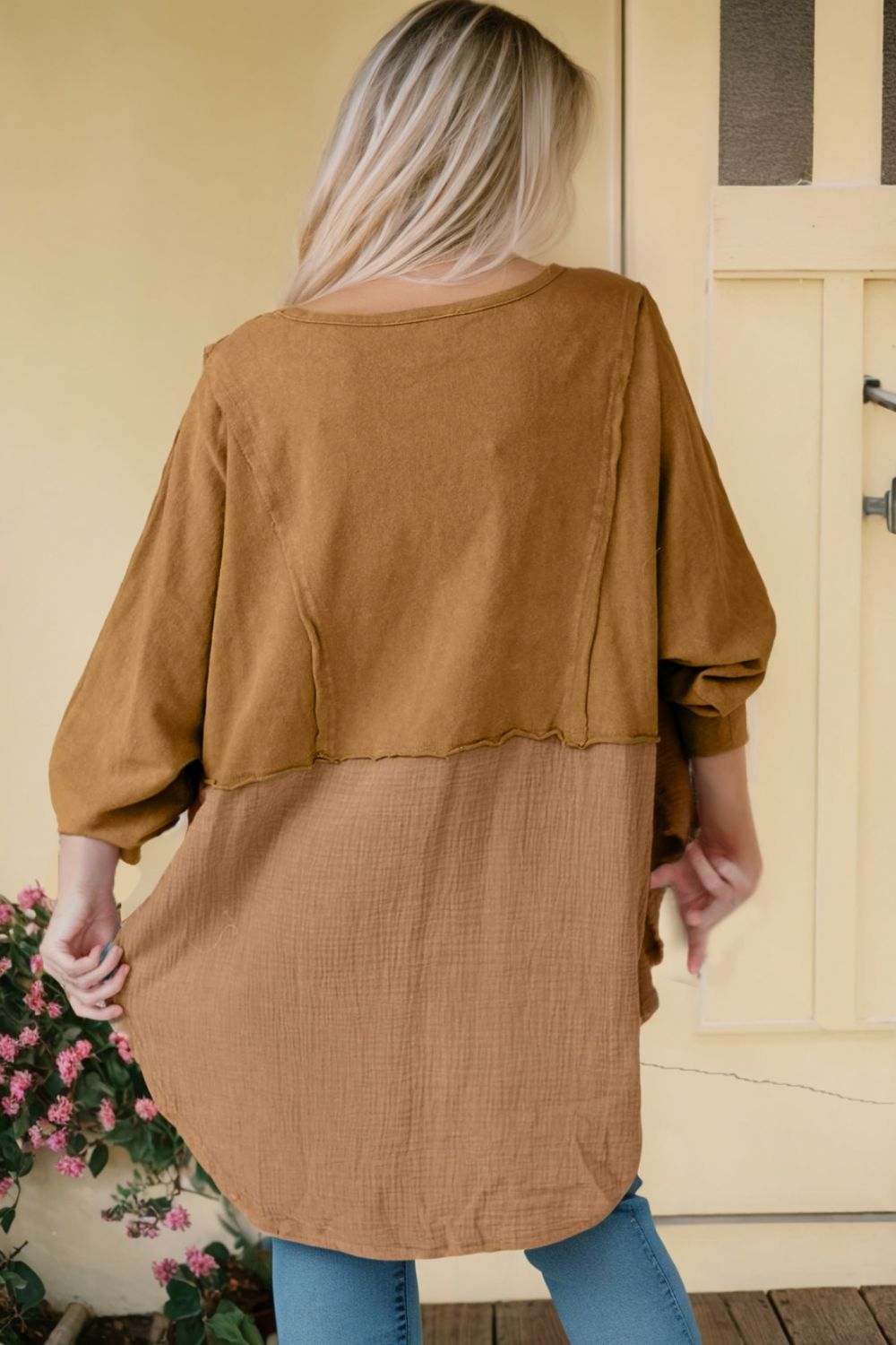 Contrast Texture Round Neck Long Sleeve Blouse - The Goddess Galleries