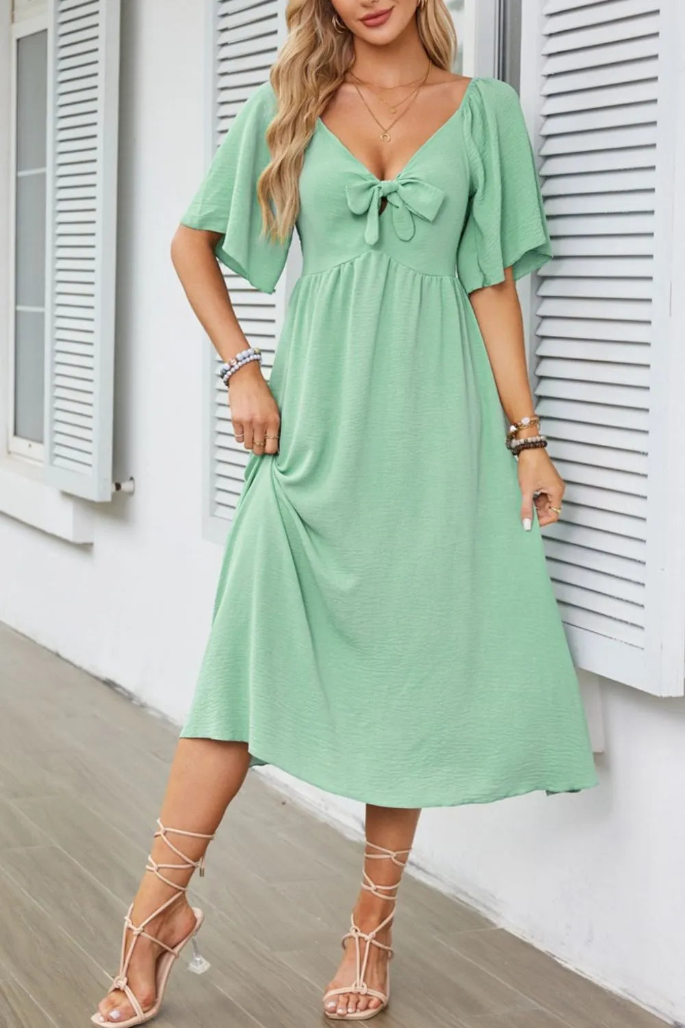 Smocked Tie Front Flutter Sleeve Midi Dress - The Goddess Galleries