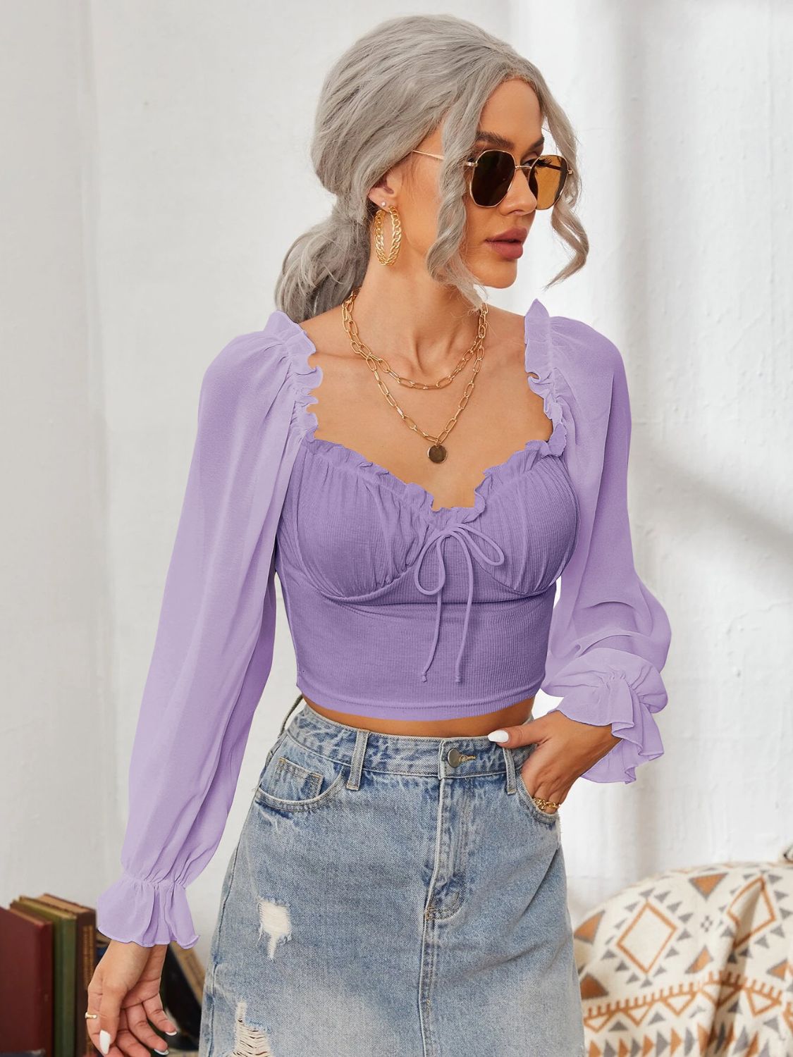 Mesh Sweetheart Neck Flounce Sleeve Top - The Goddess Galleries