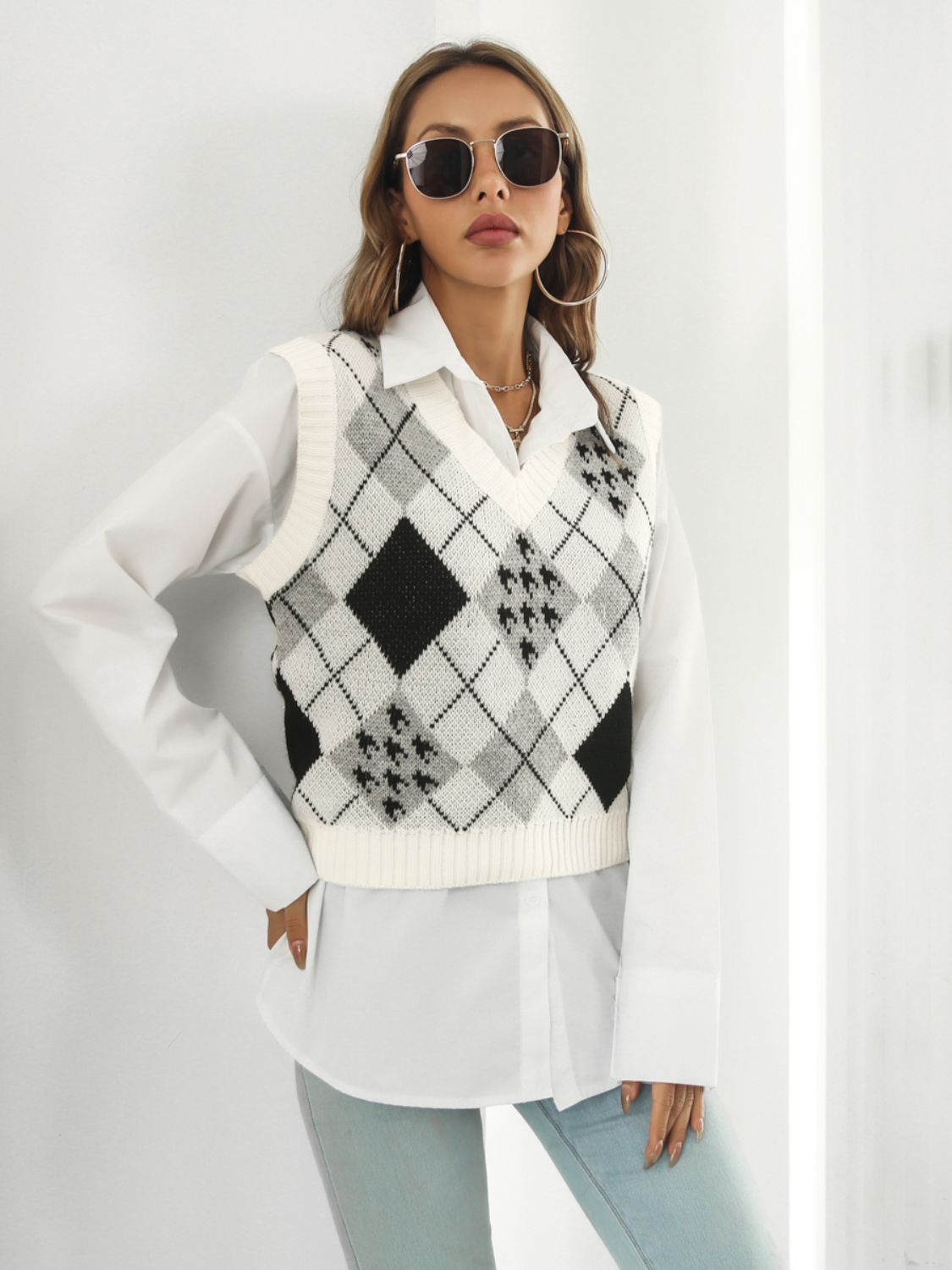 V-Neck Plaid Sweater Vest - The Goddess Galleries