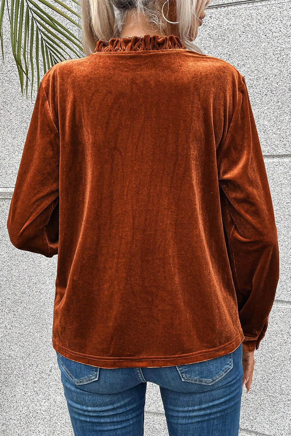 Notched Frill Detail Long Sleeve Blouse - The Goddess Galleries
