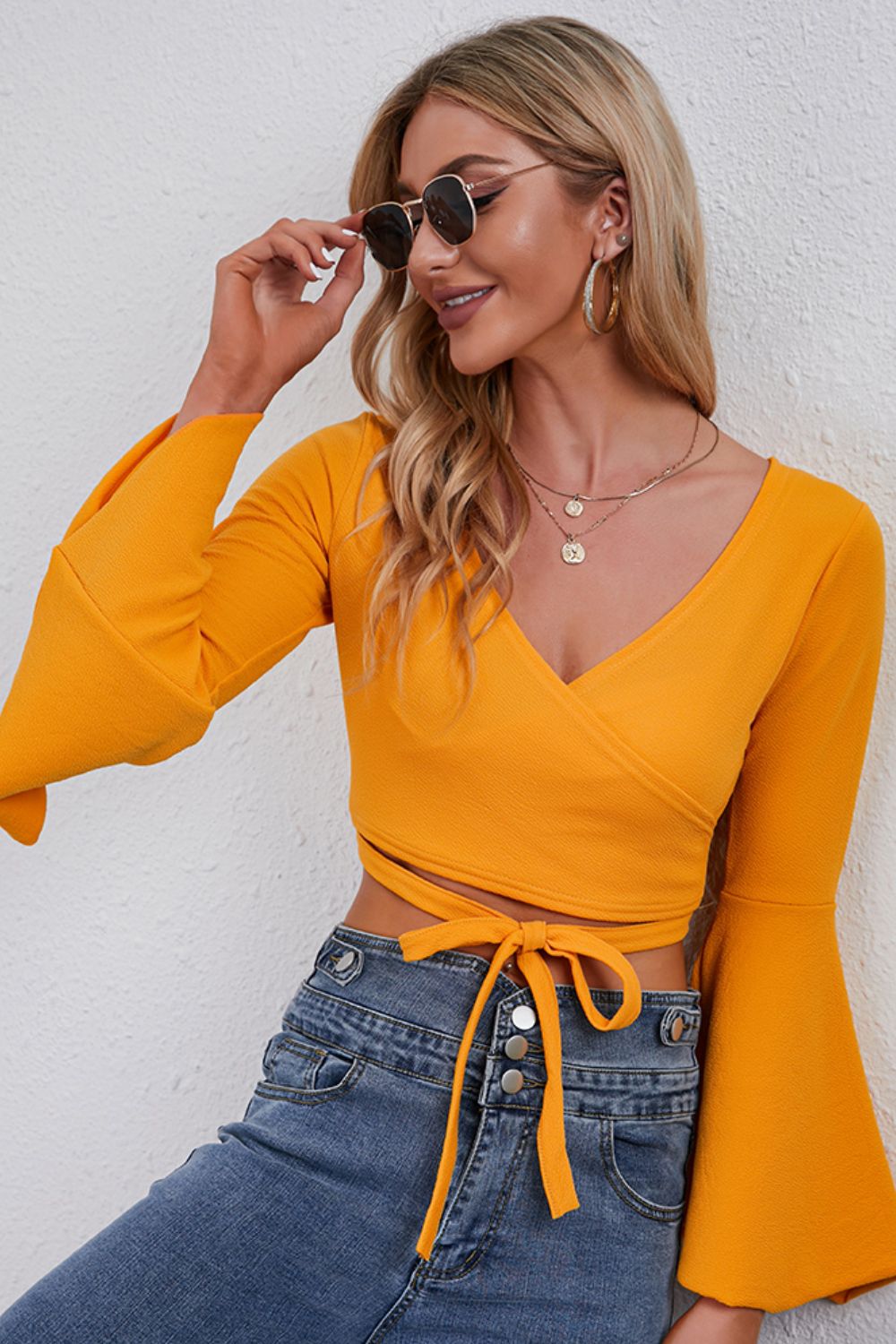 Tie Front Flare Sleeve Cropped Top - The Goddess Galleries