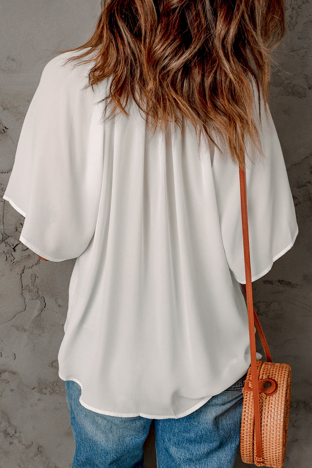 Gathered Detail Notched Neck Flutter Sleeve Top - The Goddess Galleries