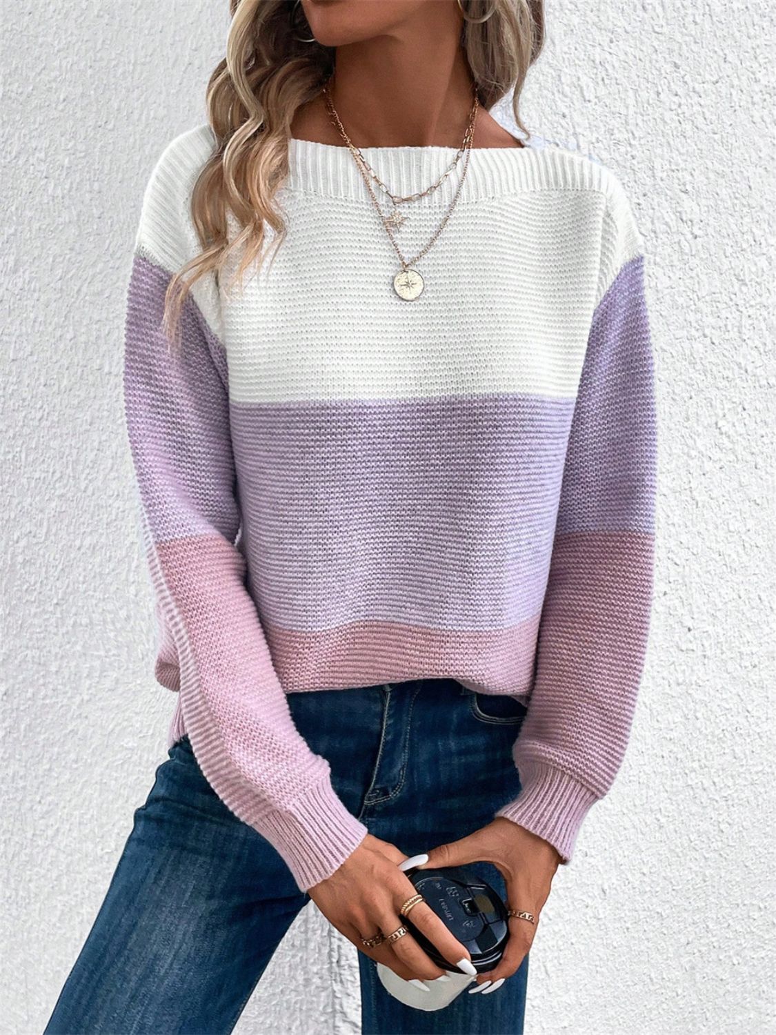 Color Block Drop Shoulder Long Sleeve Sweater - The Goddess Galleries