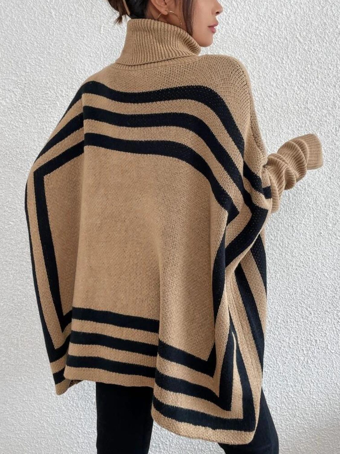Striped Turtleneck Batwing Sleeve Sweater with Pockets - The Goddess Galleries