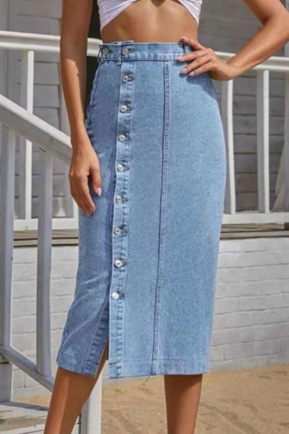 Buttoned Split Denim Skirt - The Goddess Galleries