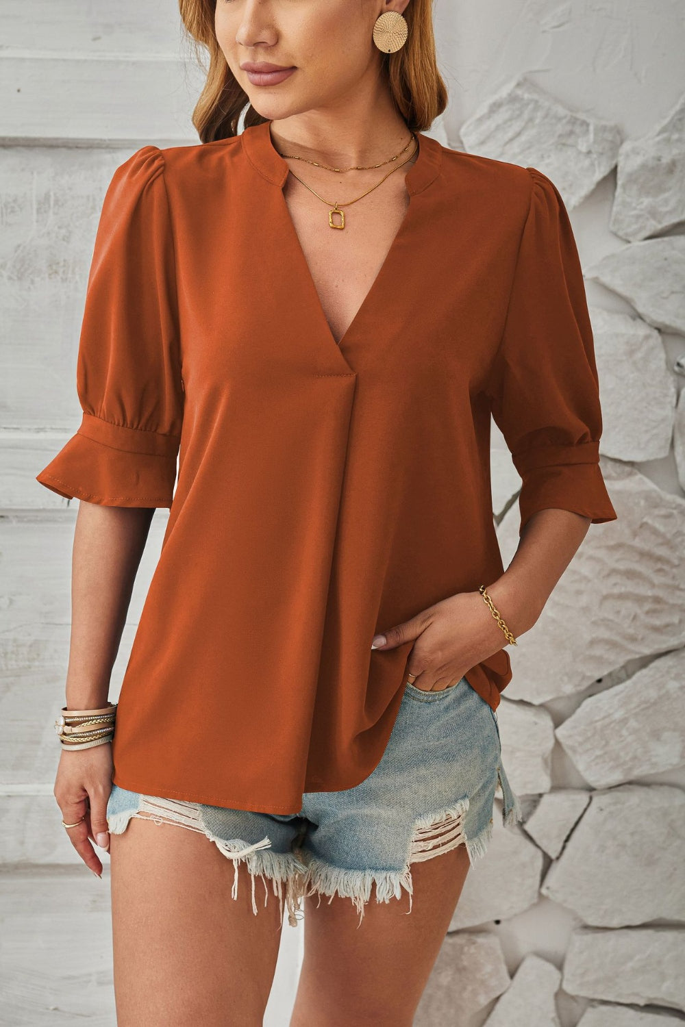 Notched Half Sleeve Blouse - The Goddess Galleries