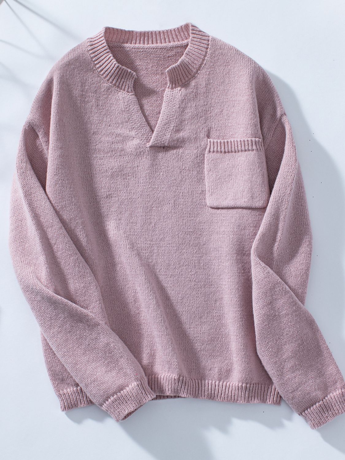 Pocketed Notched Long Sleeve Knit Top - The Goddess Galleries