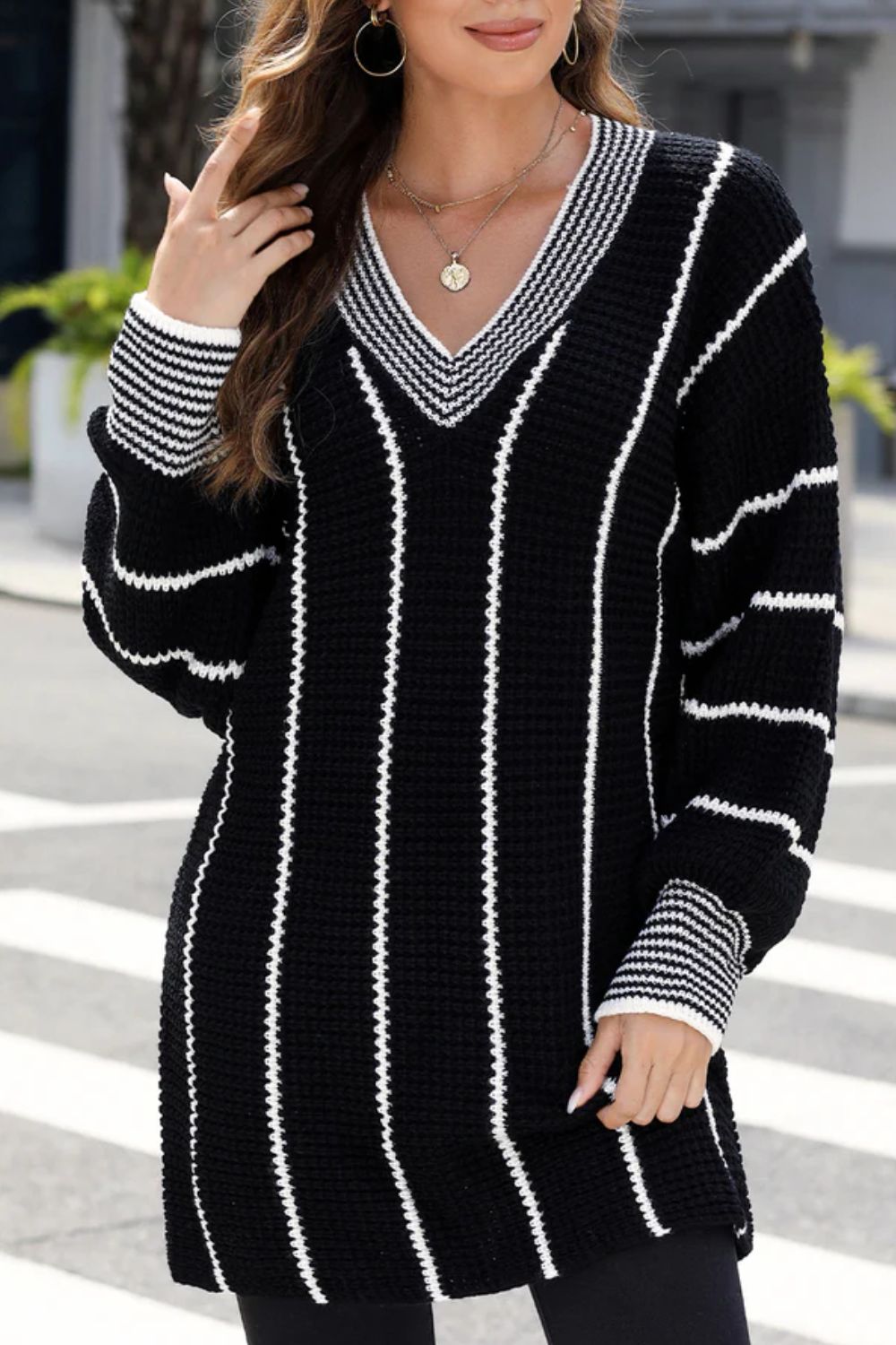 Striped V-Neck Long Sleeve Sweater - The Goddess Galleries