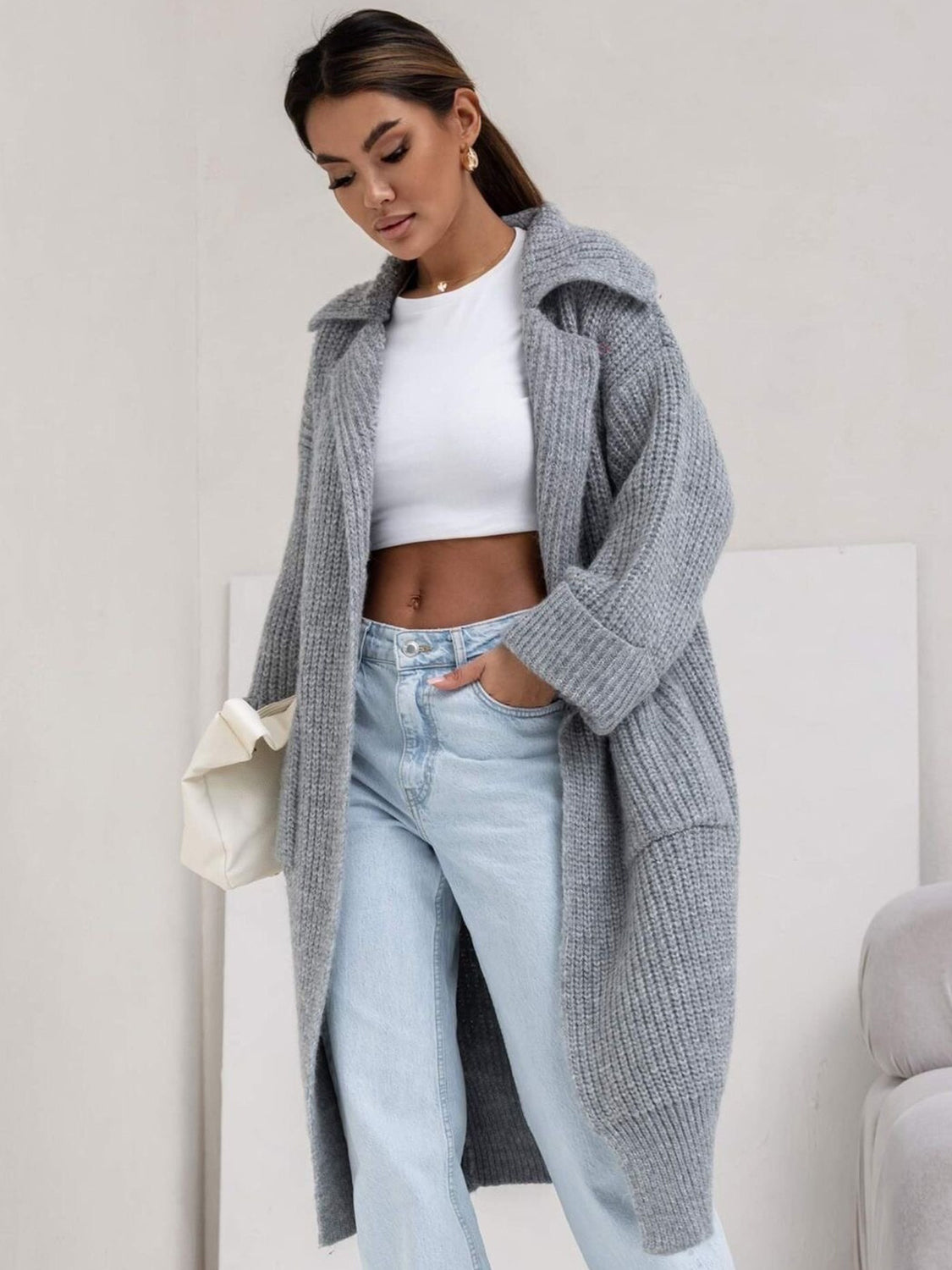 Pocketed Collared Neck Dropped Shoulder Cardigan - The Goddess Galleries