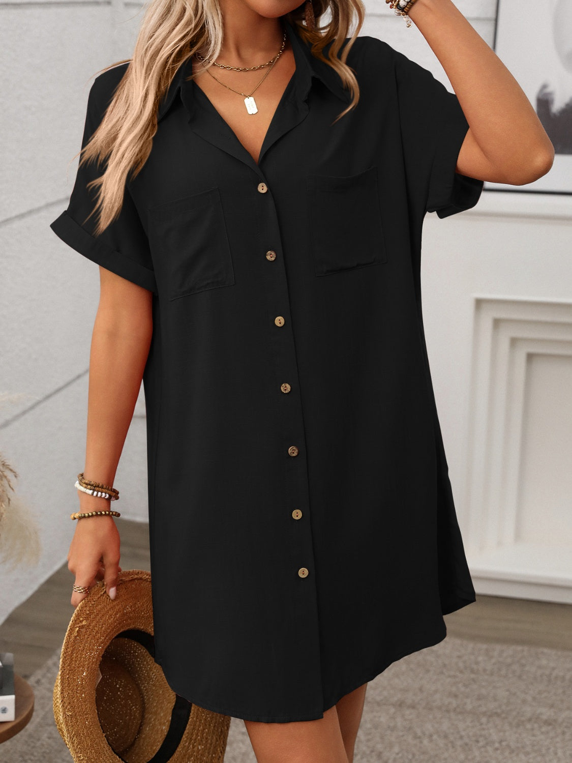Button Down Short Sleeve Mini Dress - The Goddess Galleries