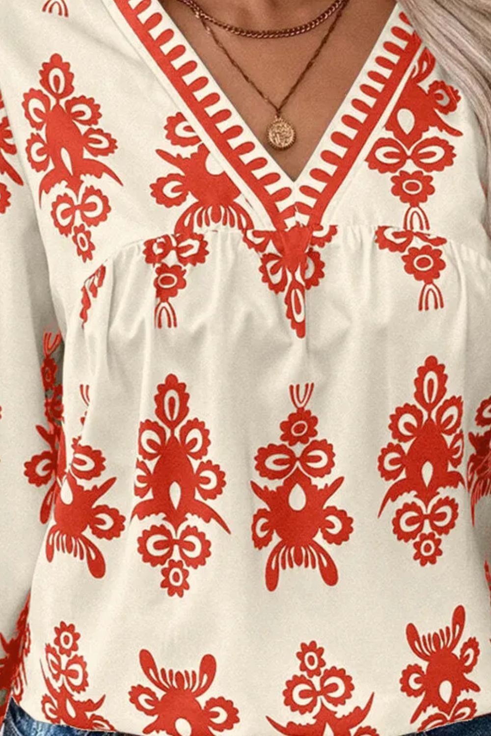 Printed V-Neck Three-Quarter Sleeve Blouse - The Goddess Galleries