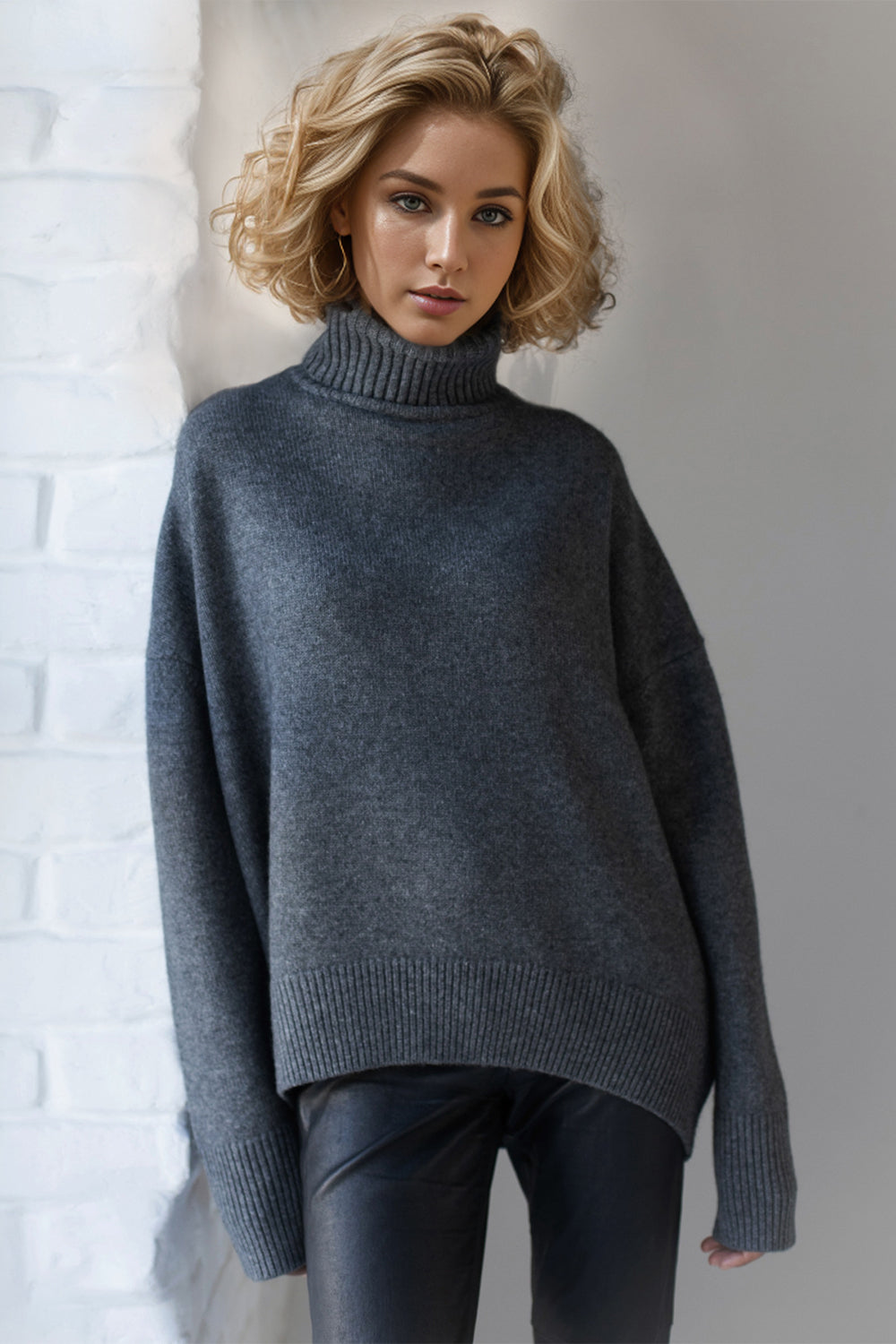 Basic Bae Turtleneck Dropped Shoulder Long Sleeve Sweater - The Goddess Galleries