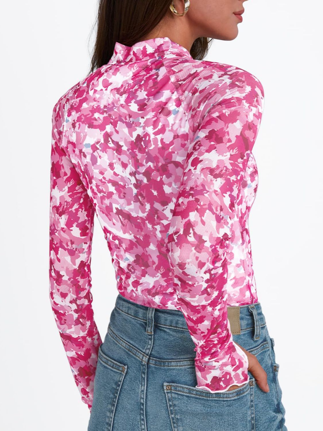 Floral Mock Neck Long Sleeve T-Shirt - The Goddess Galleries