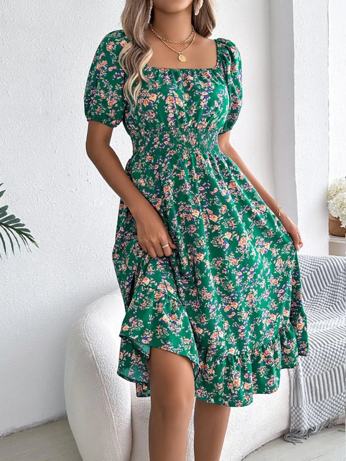 Ruffled Hem Floral Puff Sleeve Dress - The Goddess Galleries