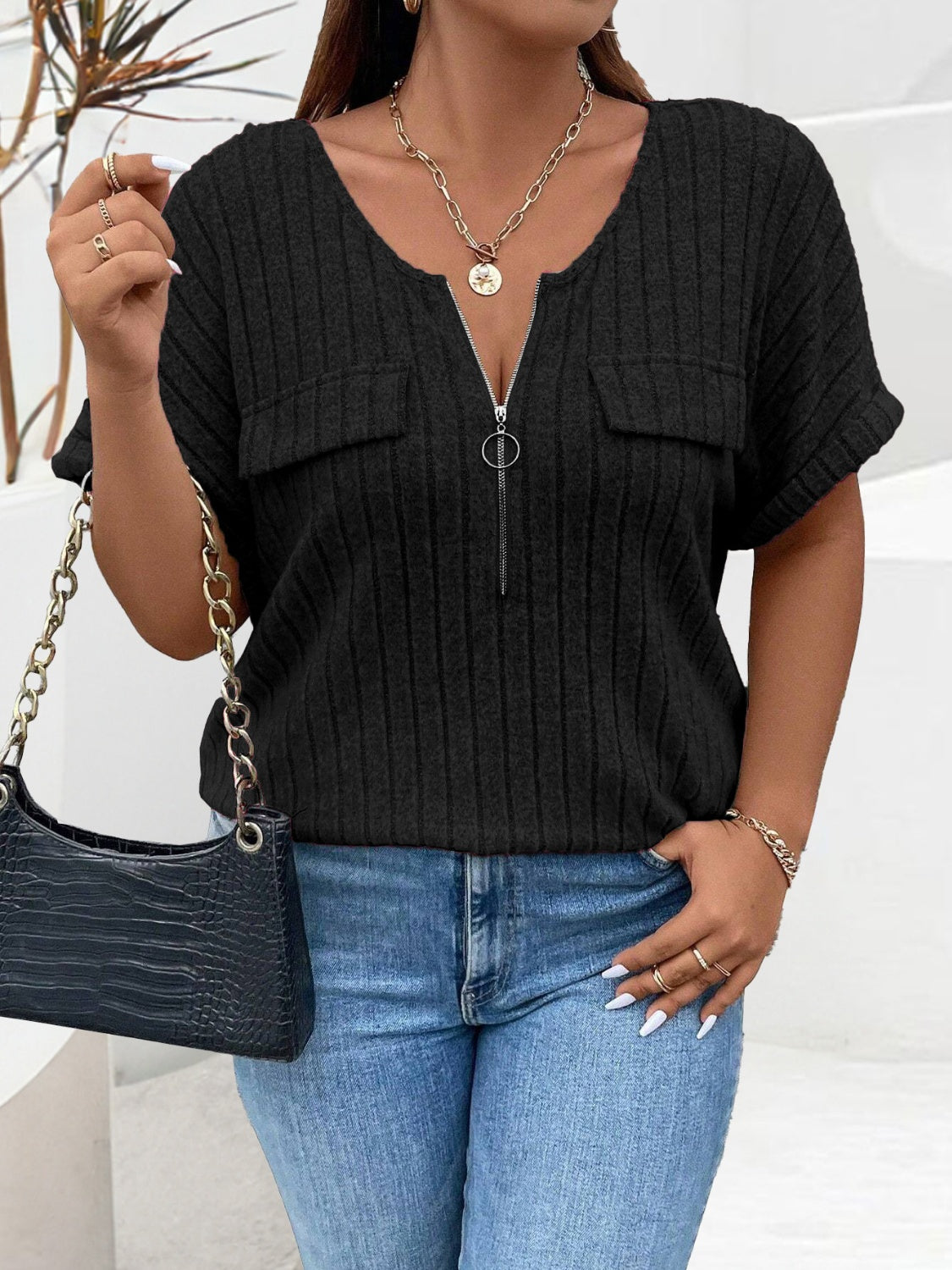 Plus Size Half Zip Short Sleeve T-Shirt - The Goddess Galleries