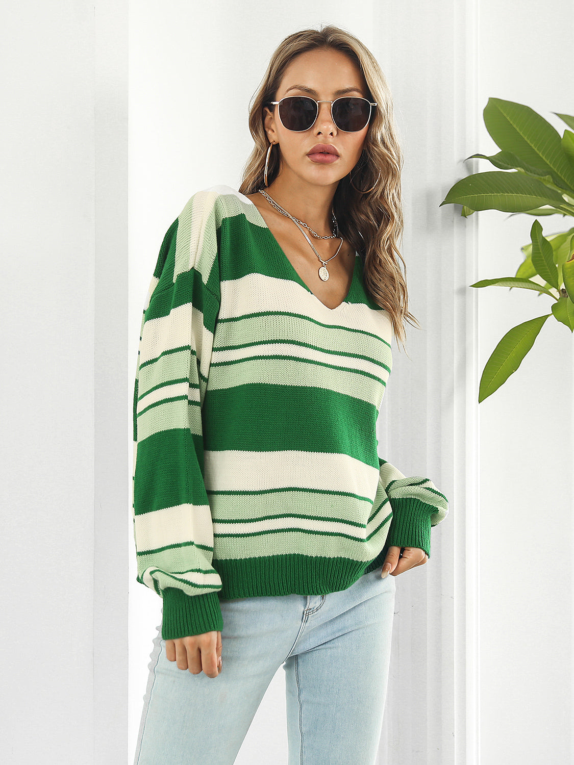 Striped V-Neck Long Sleeve Knit Top - The Goddess Galleries