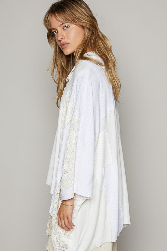 POL Crochet Patchwork Frayed Edge Half Button Knit Top - The Goddess Galleries