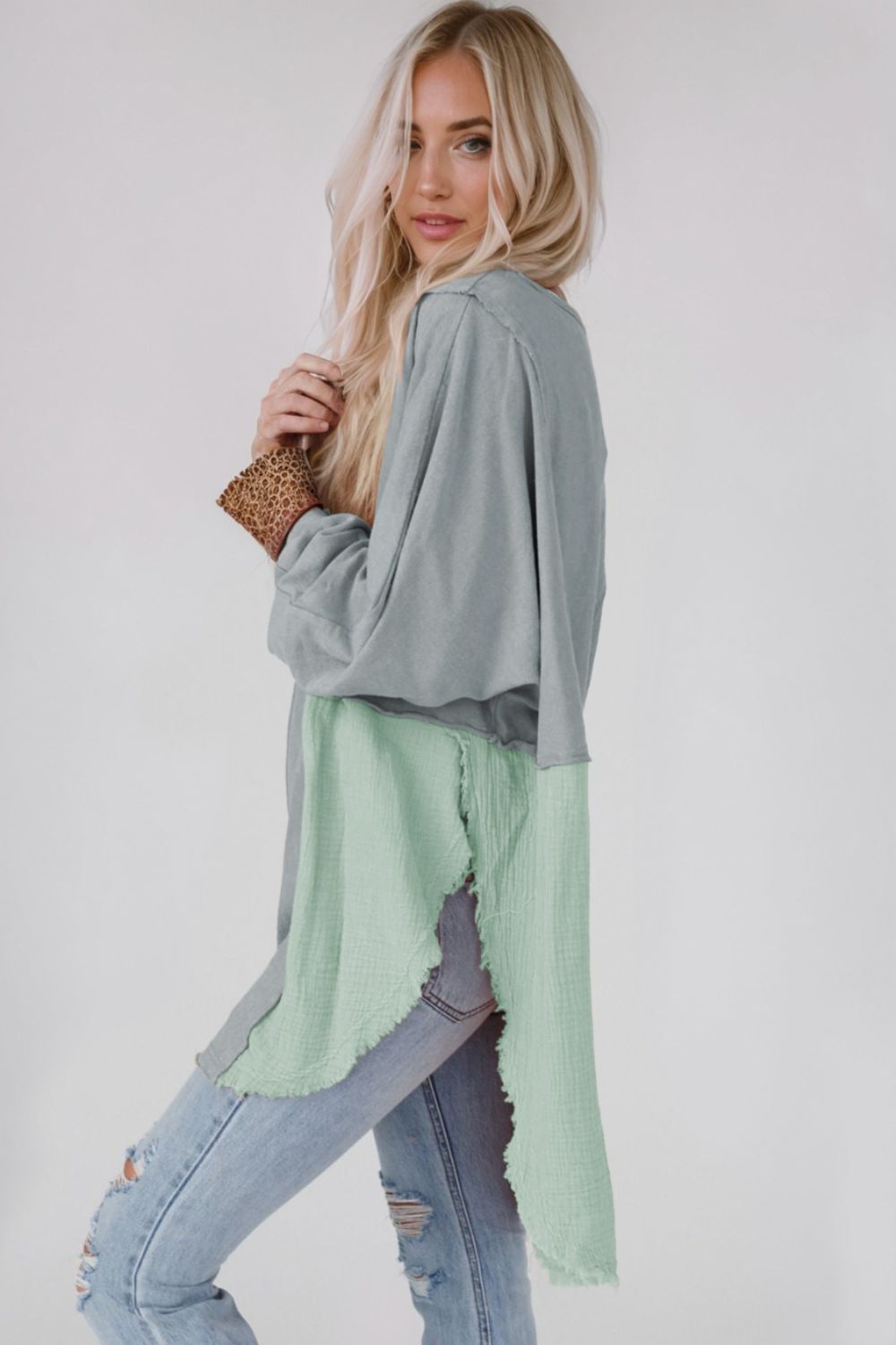 Contrast Texture Round Neck Long Sleeve Blouse - The Goddess Galleries