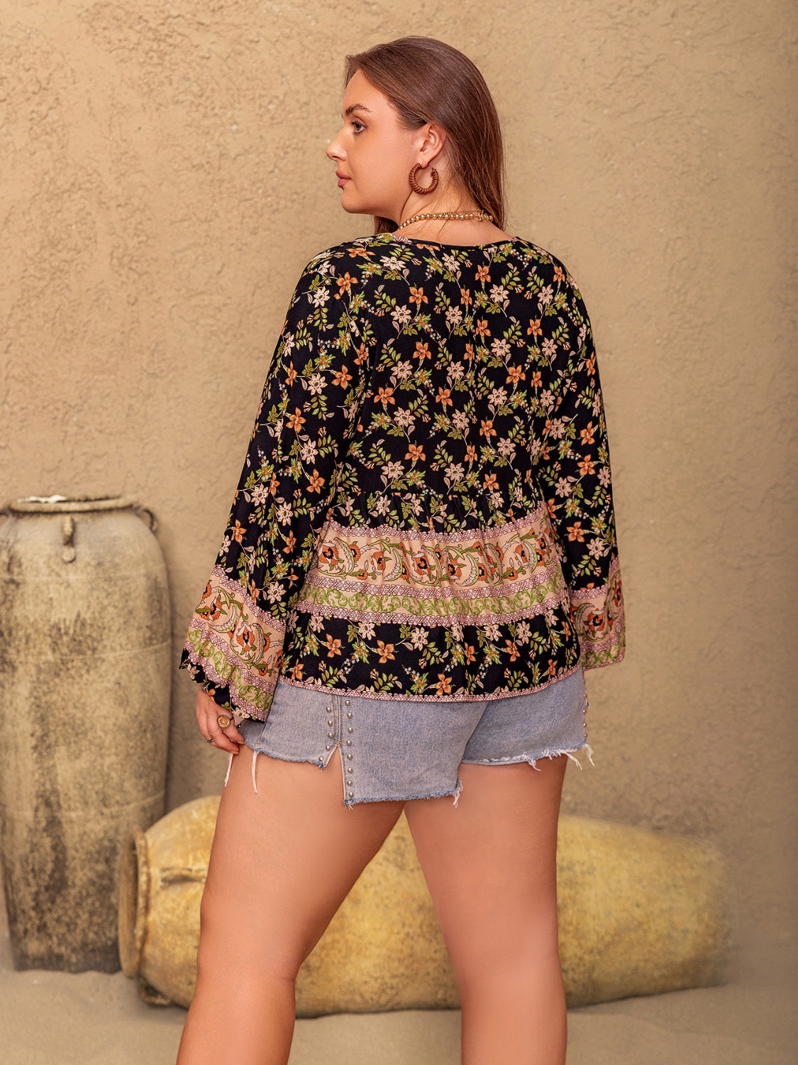 Plus Size Printed Tie Neck Balloon Sleeve Blouse - The Goddess Galleries