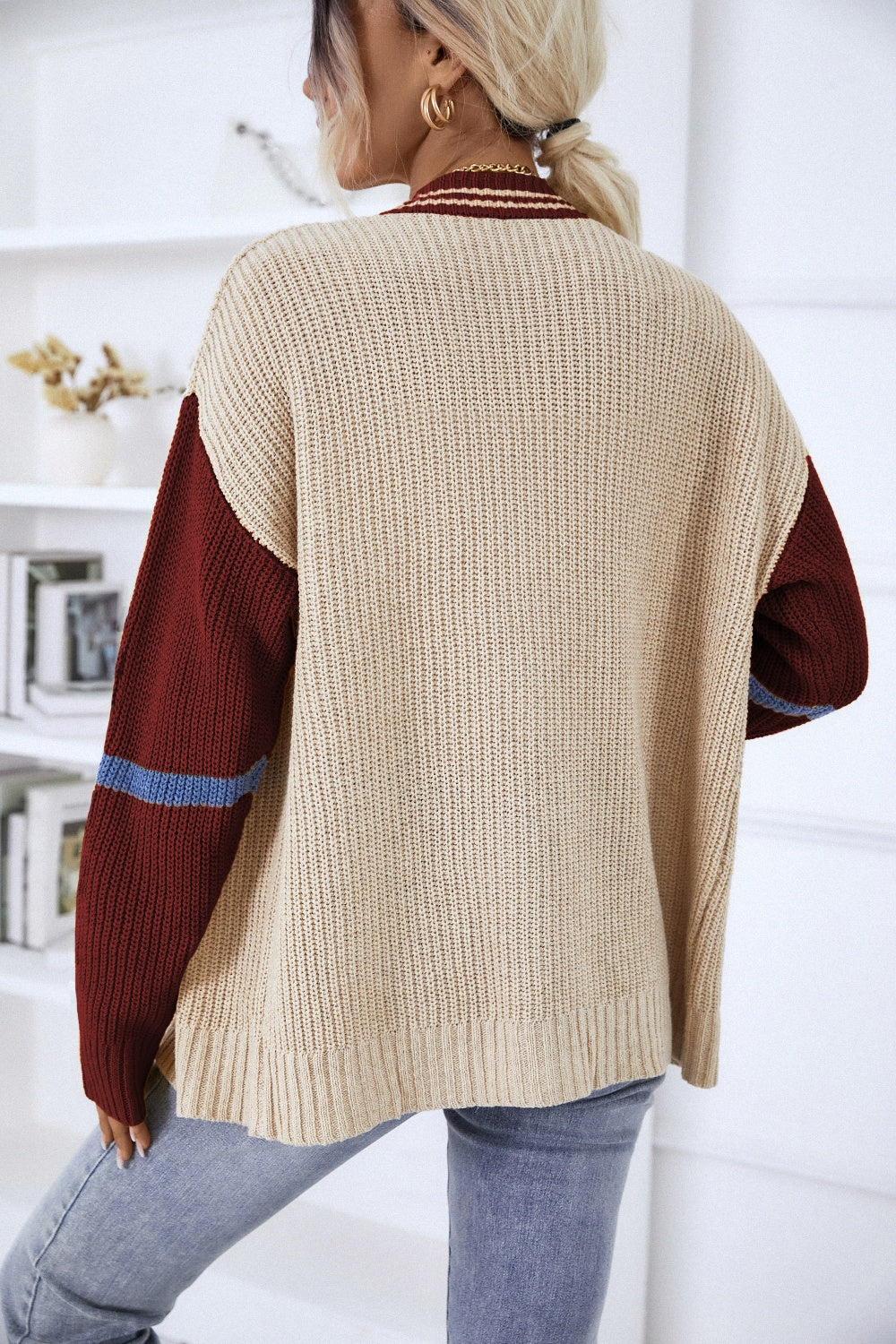 Contrast Button Up Dropped Shoulder Cardigan - The Goddess Galleries