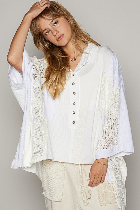 POL Crochet Patchwork Frayed Edge Half Button Knit Top - The Goddess Galleries