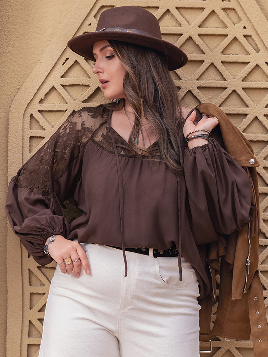 Plus Size Lace Detail Tie Neck Long Sleeve Blouse - The Goddess Galleries