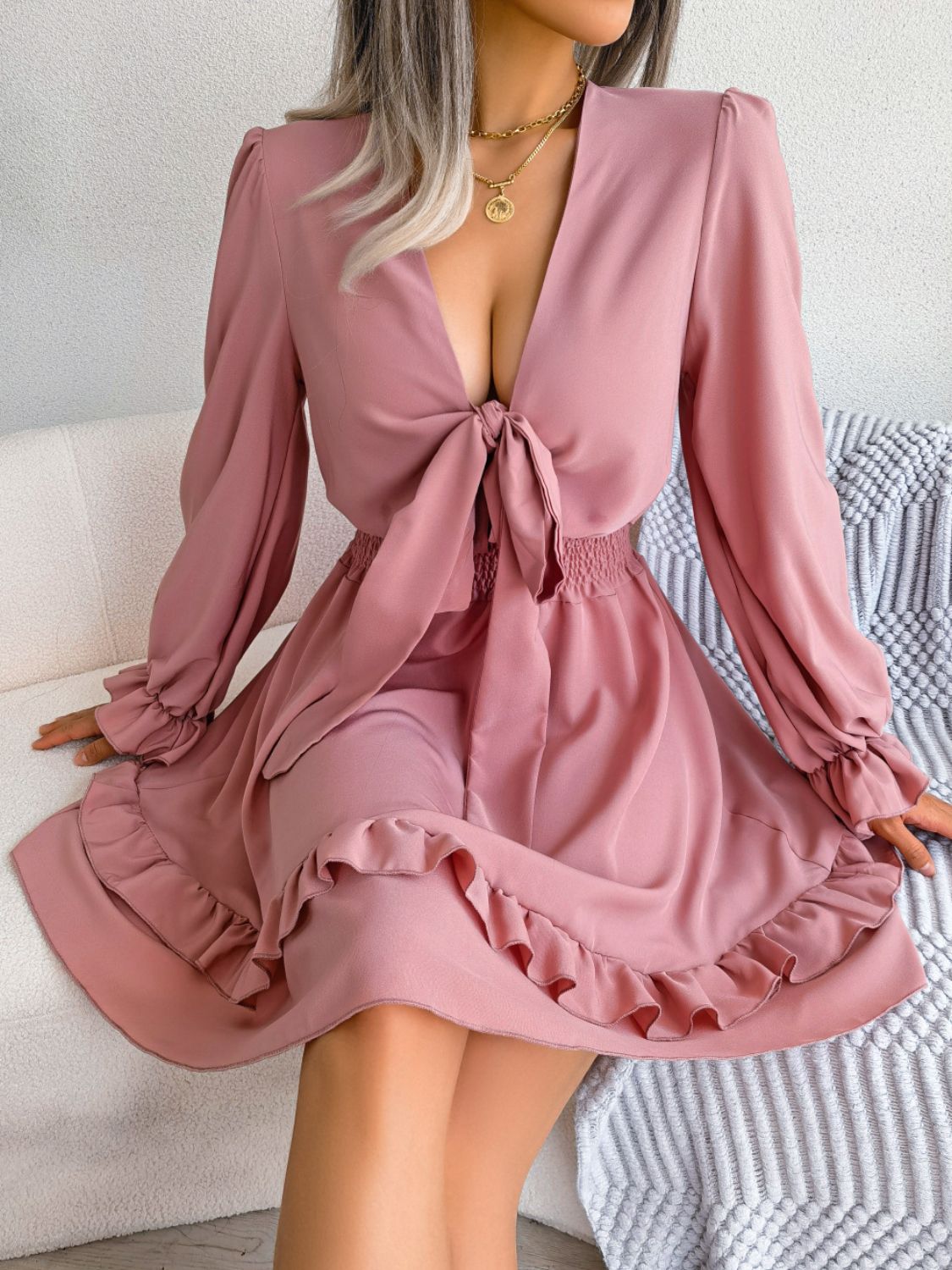 Tie Front Smocked Waist Flounce Sleeve Dress - The Goddess Galleries