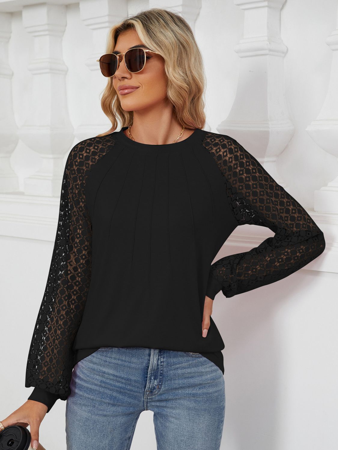 Round Neck Lace Long Sleeve Top - The Goddess Galleries