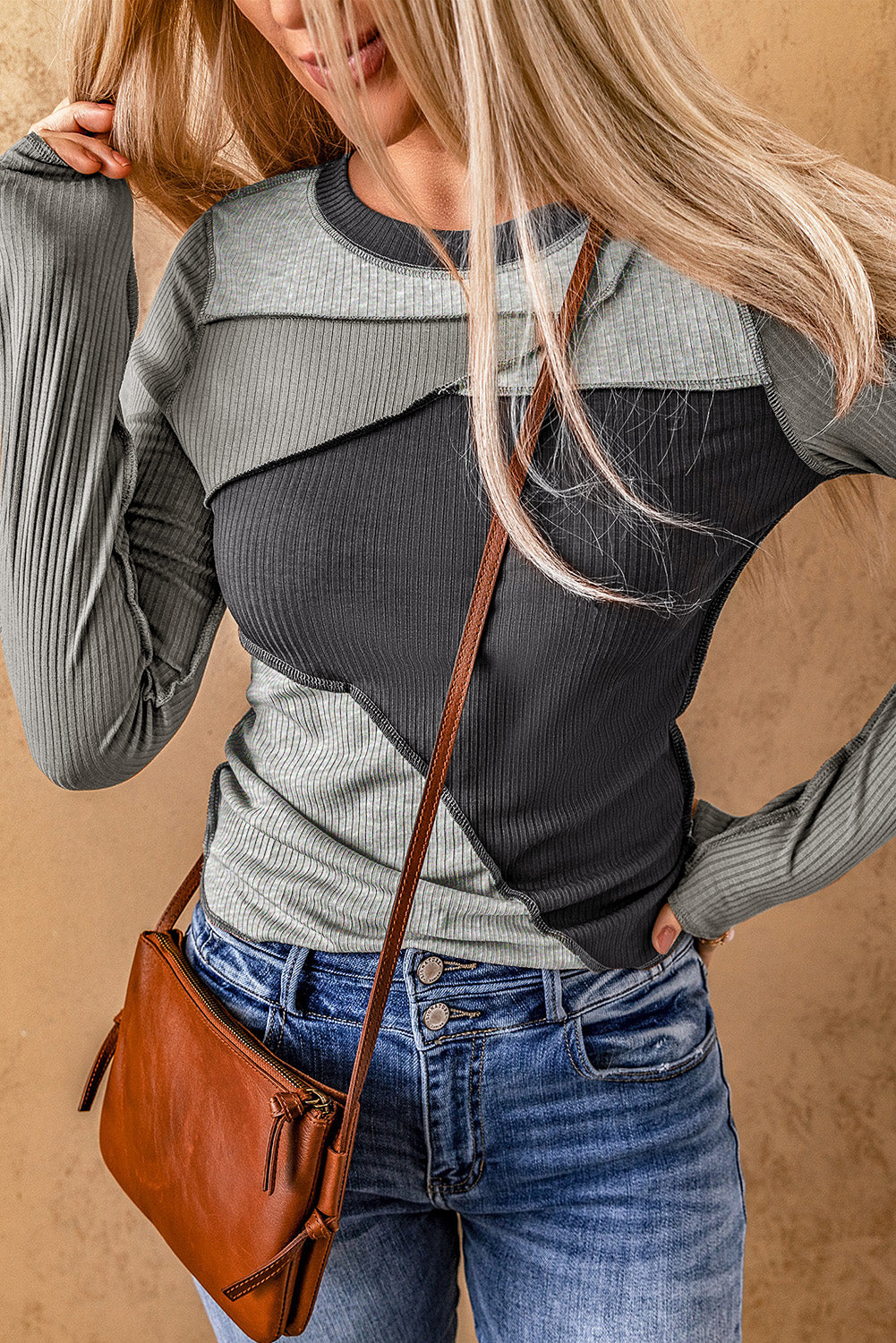 Exposed Seam Contrast Round Neck Long Sleeve T-Shirt - The Goddess Galleries