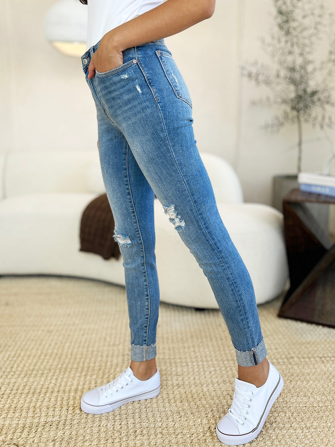 Judy Blue Full Size Mid Rise Destroy & Cuff Skinny Jeans - The Goddess Galleries